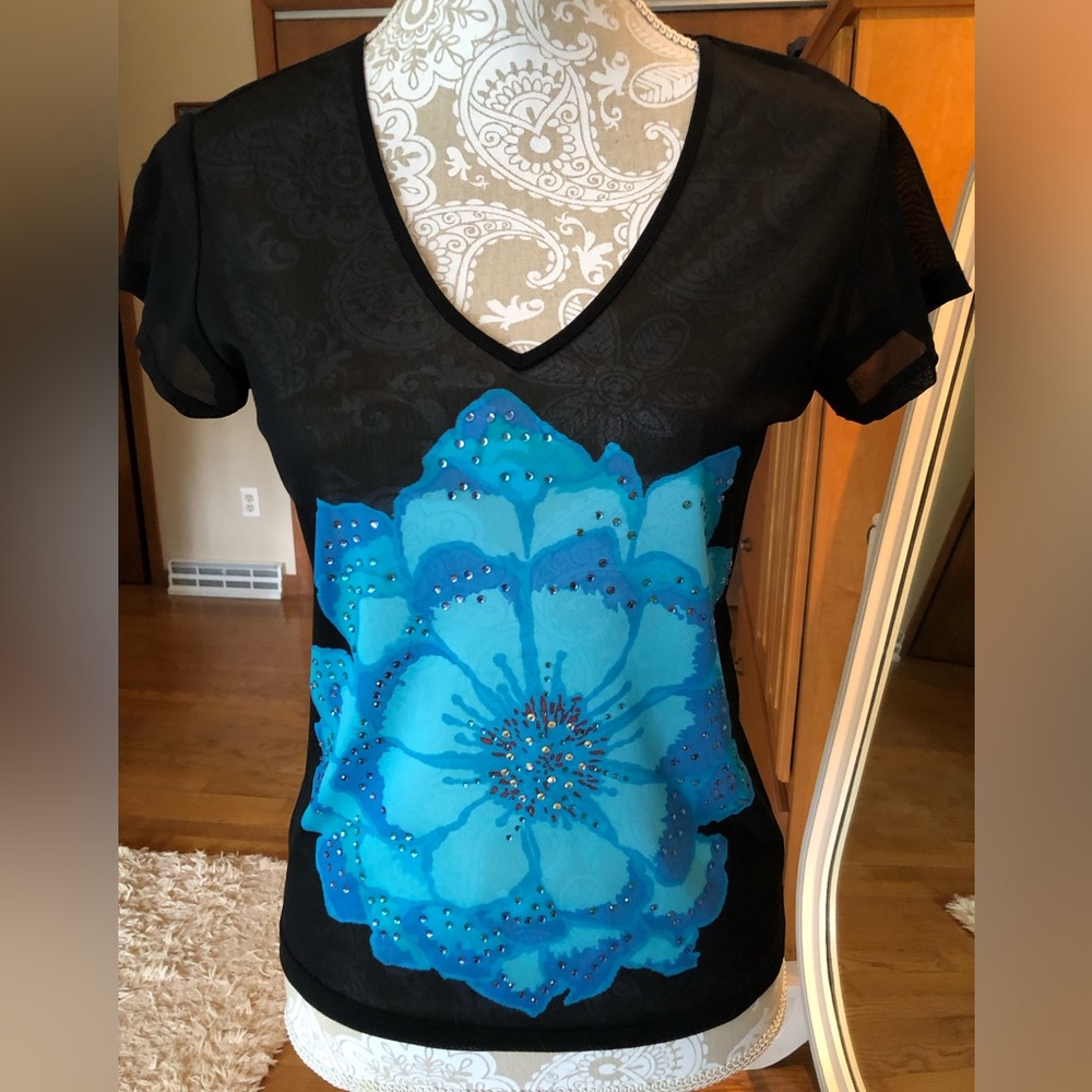 RARE. Express Black Top with Blue Floral Design